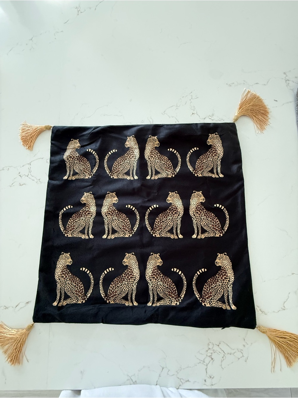NWT Black Decorative Cushion Cover with Gold Leopard Print and Tassels